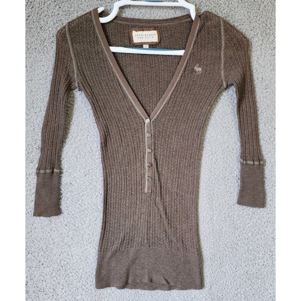 Y2K Abercrombie & Fitch Women's S Fitted V Neck Henley Top 3/4 Sleeve Knit Brown